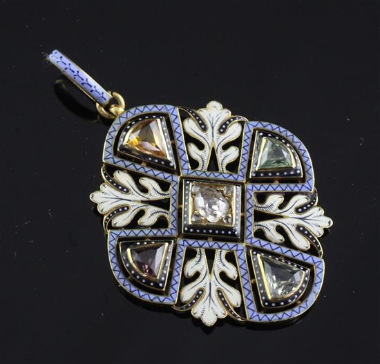 An attractive late Victorian gold, enamel and gem set pendant in the manner of Giuliano, with Wartski box.